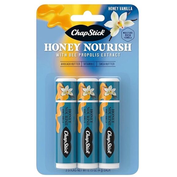 Chapstick Lip Balms Honey Nourish 3 Count Honey Vanilla Moisture Rich Vitamin E - Picture 1 of 6